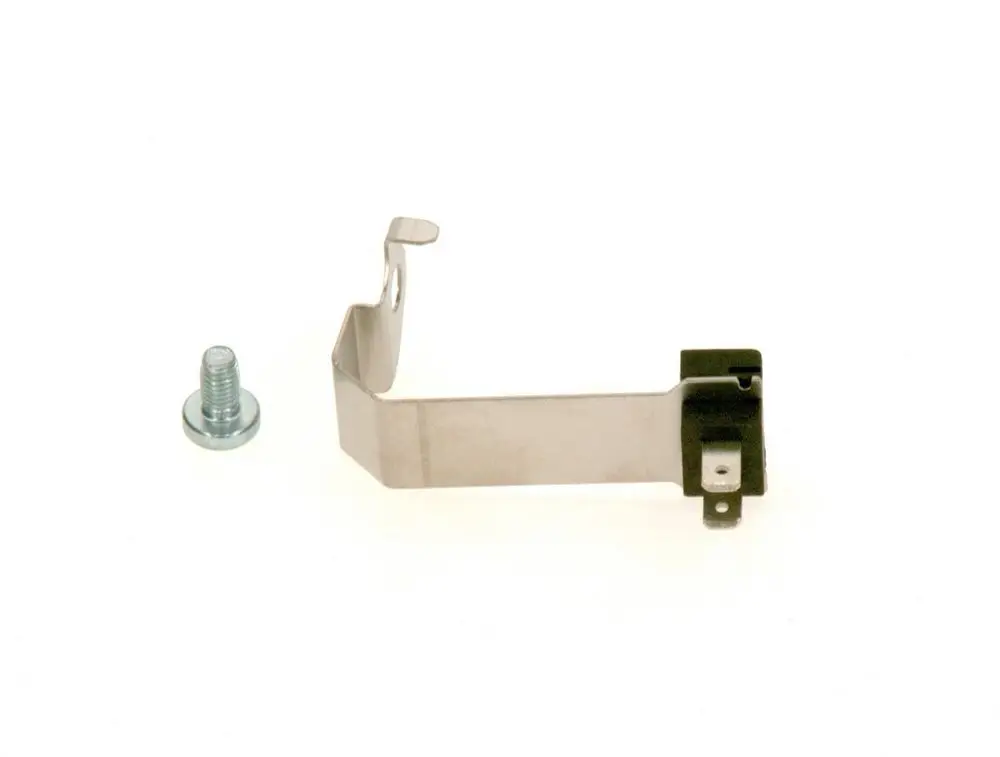 Temperatursensor von Bosch, bestehend aus einem Metallclip und einer Schraube. Der Clip hat eine geschwungene Form und eine Halterung auf der rechten Seite.